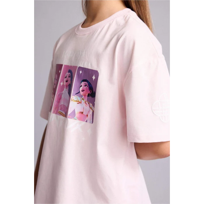 Defacto H7335A8PN289 Pembe %100 Pamuk Kpop - Demon Hunters Oversıze Bisiklet Yaka Kısa Kollu Tişört Kız Çocuk