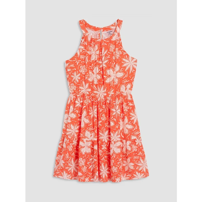 LCW Kids Turuncu Halter Yaka Çiçekli Kız Çocuk Elbise