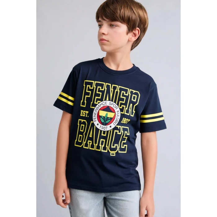 Defacto H7868A8IN42 İndigo %100 Pamuk Fenerbahçe New Regular Fıt Bisiklet Yaka Kısa Kollu Siyah Tişört Erkek Çocuk