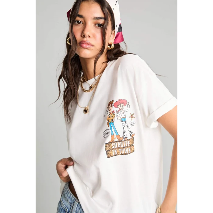 Defacto H6819AXER103 Ekru Toy Story Lisanslı Oversıze Bisiklet Yaka Sırt Baskılı Ribana Kısa Kollu Ecru Tişört