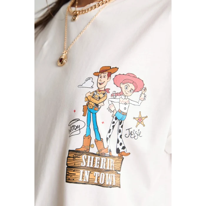 Defacto H6819AXER103 Ekru Toy Story Lisanslı Oversıze Bisiklet Yaka Sırt Baskılı Ribana Kısa Kollu Ecru Tişört