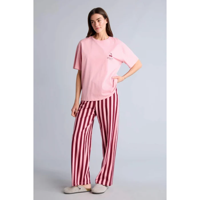 Defacto H6783AXPN436 Pembe Regular Fıt Kısa Kollu Sırt Baskılı Çizgili 2li Pembe Takım