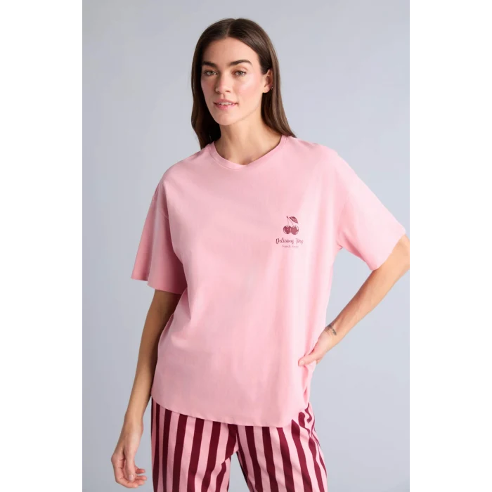Defacto H6783AXPN436 Pembe Regular Fıt Kısa Kollu Sırt Baskılı Çizgili 2li Pembe Takım
