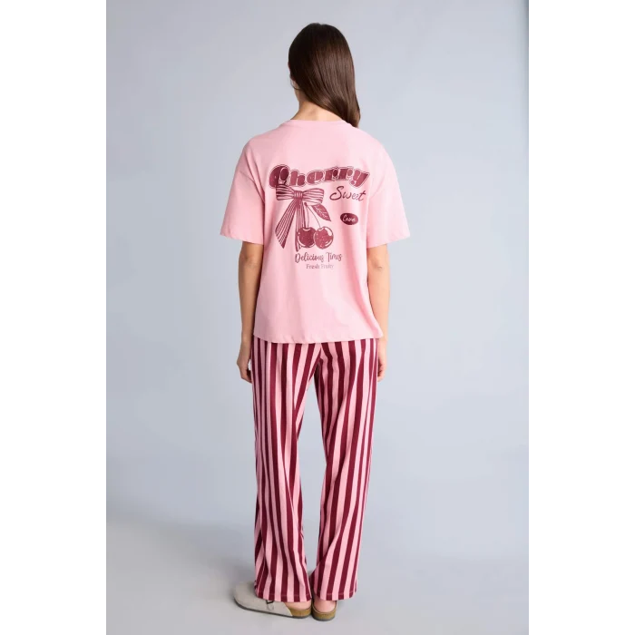 Defacto H6783AXPN436 Pembe Regular Fıt Kısa Kollu Sırt Baskılı Çizgili 2li Pembe Takım