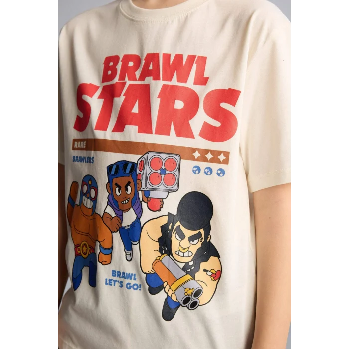 Defacto G8946A8ER99 Ekru %100 Pamuk Brawl Stars New Regular Fıt Bisiklet Yaka Kısa Kollu Tişört Erkek Çocuk