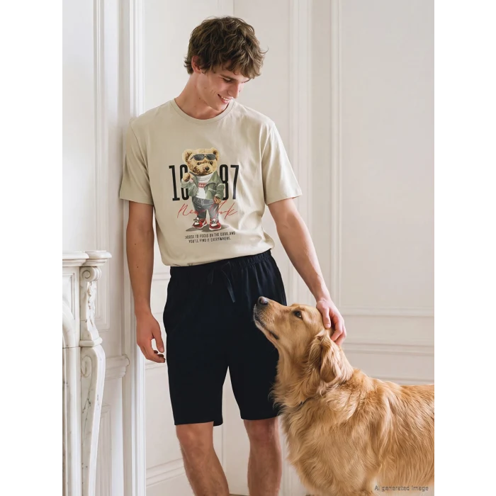 LC WAIKIKI Gri Bisiklet Yaka Teddy Baskılı Erkek Şortlu Pijama Takımı