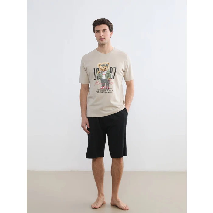 LC WAIKIKI Gri Bisiklet Yaka Teddy Baskılı Erkek Şortlu Pijama Takımı