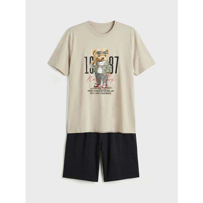 LC WAIKIKI Gri Bisiklet Yaka Teddy Baskılı Erkek Şortlu Pijama Takımı
