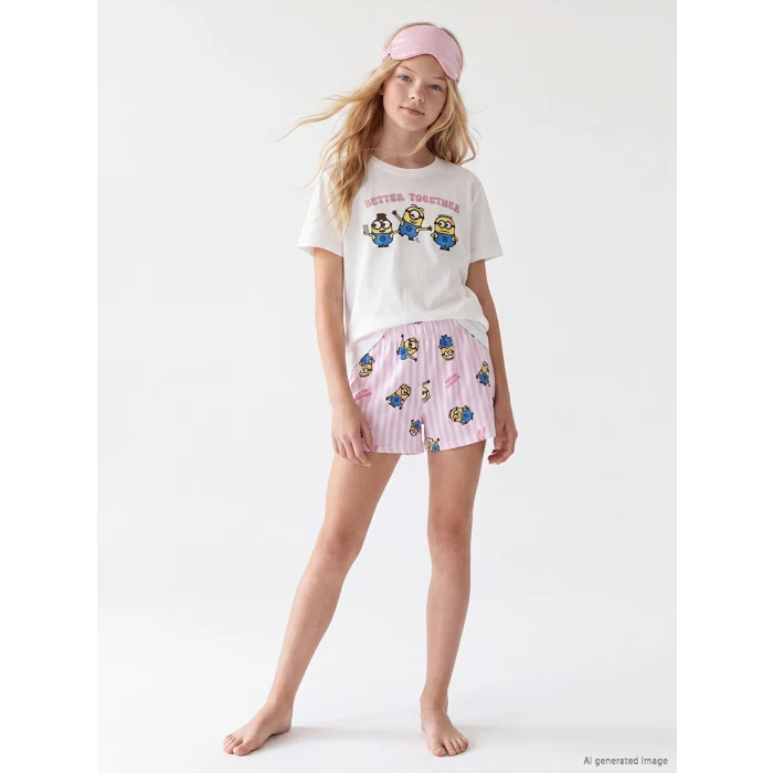 LCW Kids Ekru Minions Baskılı Kız Çocuk Şortlu Pijama Takım