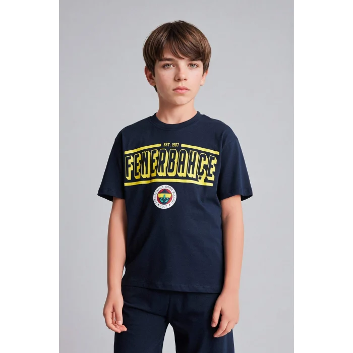 Defacto H7578A8IN42 İndigo %100 Pamuk Fenerbahçe Kısa Kollu Pijama Üst Şort Pijama Alt 2li Pijama Takımı Erkek Çocuk