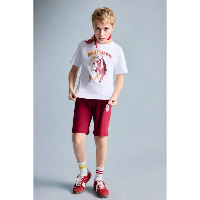 Defacto H7511A8WT34 Beyaz %100 Pamuk Galatasaray Kısa Kollu Pijama Üst Şort Pijama Alt 2li Pijama Takımı Erkek Çocuk