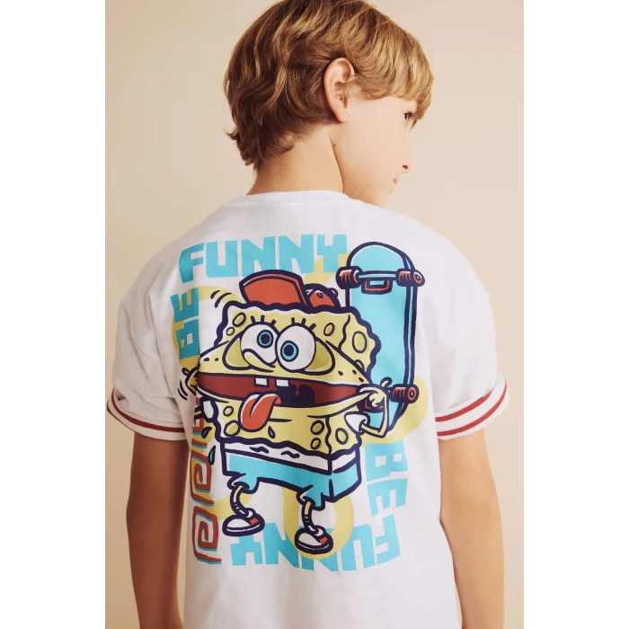 Defacto H8259A8WT34 Beyaz %100 Pamuk SpongeBob Sırt Baskılı Oversıze Bisiklet Yaka Kısa Kollu Tişört Erkek Çocuk