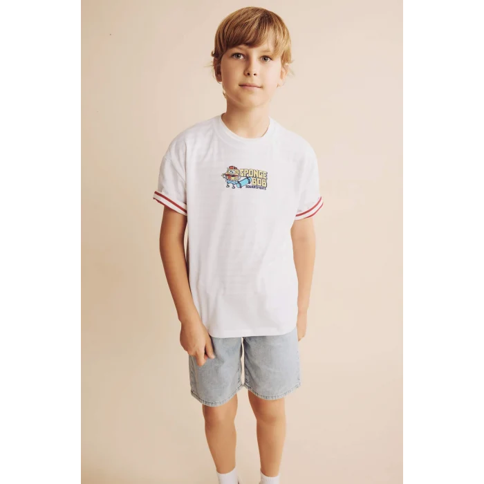 Defacto H8259A8WT34 Beyaz %100 Pamuk SpongeBob Sırt Baskılı Oversıze Bisiklet Yaka Kısa Kollu Tişört Erkek Çocuk