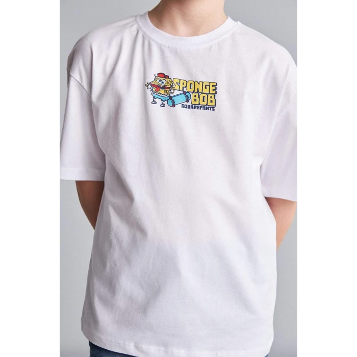 Defacto H8259A8WT34 Beyaz %100 Pamuk SpongeBob Sırt Baskılı Oversıze Bisiklet Yaka Kısa Kollu Tişört Erkek Çocuk