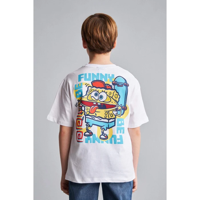 Defacto H8259A8WT34 Beyaz %100 Pamuk SpongeBob Sırt Baskılı Oversıze Bisiklet Yaka Kısa Kollu Tişört Erkek Çocuk