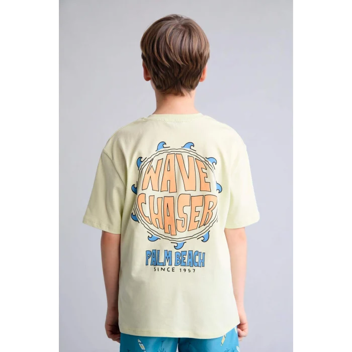 Defacto H7191A8GN1108 Yeşil %100 Pamuk Oversıze Bisiklet Yaka Safari Sırt Baskılı Kısa Kollu Açol Yeşil Tişört Erkek Çocuk