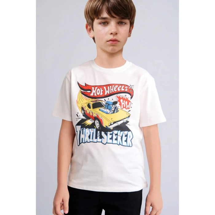 Defacto H8313A8ER105 Ekru %100 Pamuk Hot Wheels Oversıze Bisiklet Yaka Kısa Kollu Ekru Tişört Erkek Çocuk