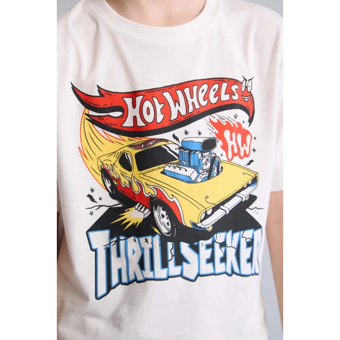Defacto H8313A8ER105 Ekru %100 Pamuk Hot Wheels Oversıze Bisiklet Yaka Kısa Kollu Ekru Tişört Erkek Çocuk
