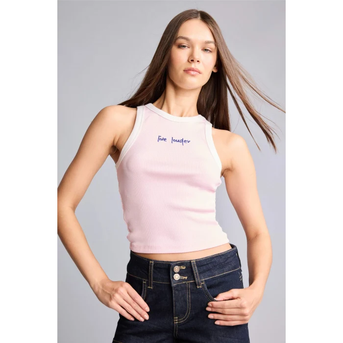 Defacto H8890AXPN74 Pembe Fıtted Bisiklet Yaka Fitilli Baskılı Açık Pembe Atlet
