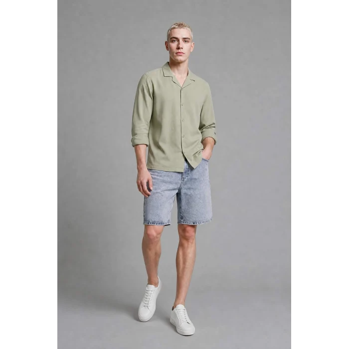 Defacto E2533AXKH404 Haki Regular Fit Apaş Yaka Yazlık Kısa Kollu Gömlek