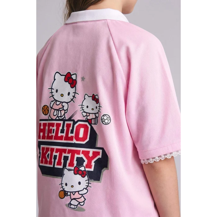 Defacto H4843A8PN693 Pembe Hello Kitty Lisanslı Relax Fıt Polo Yaka Kısa Kollu Açık Pembe Tişört Kız Çocuk