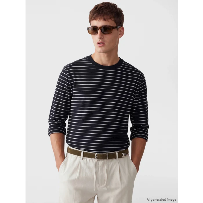 LCW Vision Lacivert Bisiklet Yaka Çizgili Erkek Sweatshirt