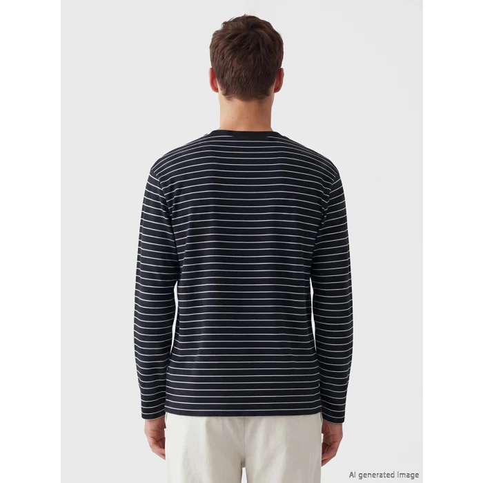 LCW Vision Lacivert Bisiklet Yaka Çizgili Erkek Sweatshirt