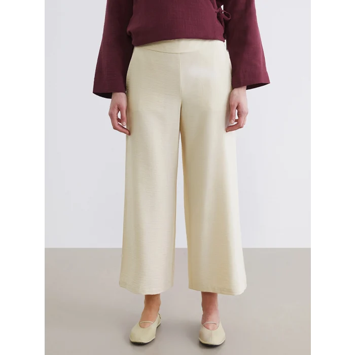 LCW Modest Bej Beli Lastikli Geniş Paça Kadın Pantolon