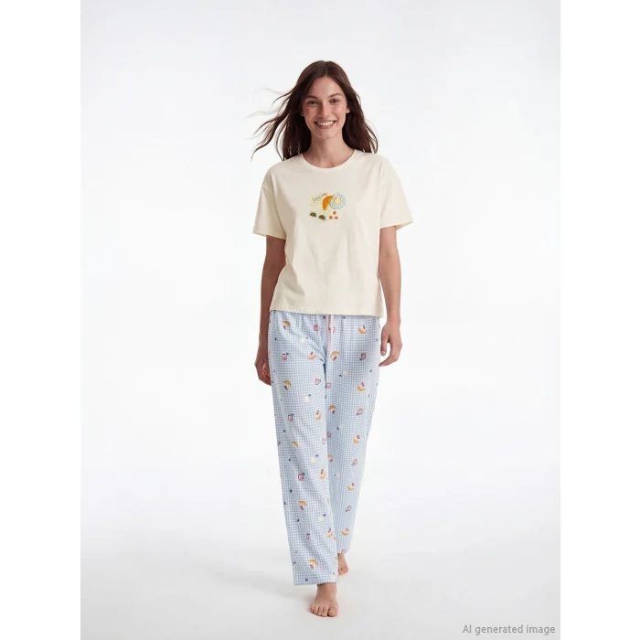 LCW DREAM Ekru Bisiklet Yaka Desenli Kadın Pijama Takım