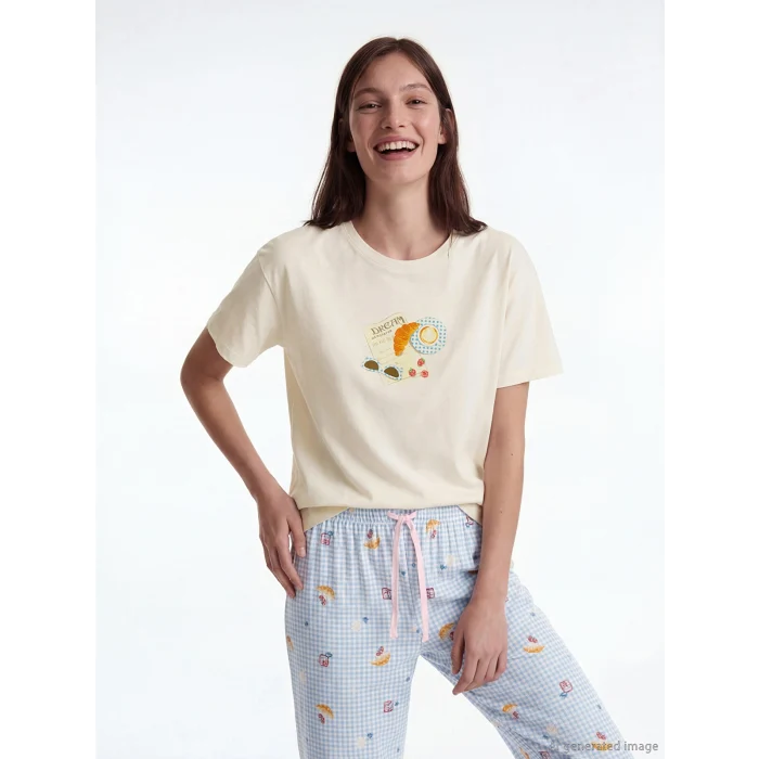 LCW DREAM Ekru Bisiklet Yaka Desenli Kadın Pijama Takım