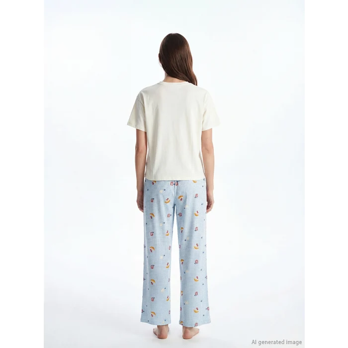 LCW DREAM Ekru Bisiklet Yaka Desenli Kadın Pijama Takım