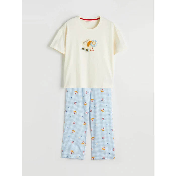LCW DREAM Ekru Bisiklet Yaka Desenli Kadın Pijama Takım