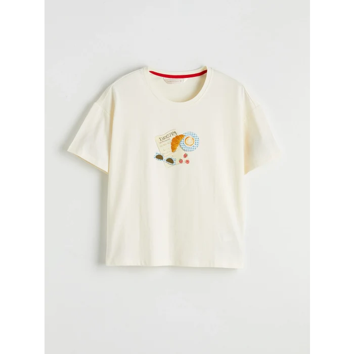 LCW DREAM Ekru Bisiklet Yaka Desenli Kadın Pijama Takım