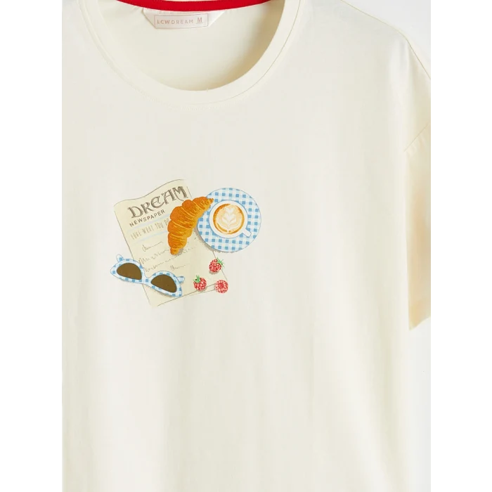 LCW DREAM Ekru Bisiklet Yaka Desenli Kadın Pijama Takım