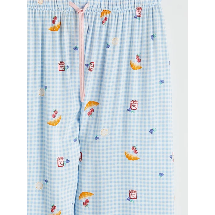 LCW DREAM Ekru Bisiklet Yaka Desenli Kadın Pijama Takım