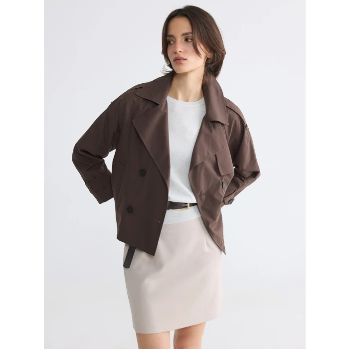 LCWAIKIKI Classic Kahverengi Kruvaze Yaka Oversize Kadın Trençkot