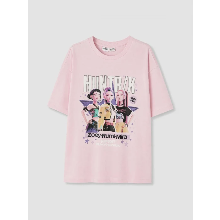 LCW Kids Pembe Bisiklet Yaka Huntrix Baskılı Kız Çocuk Tişört