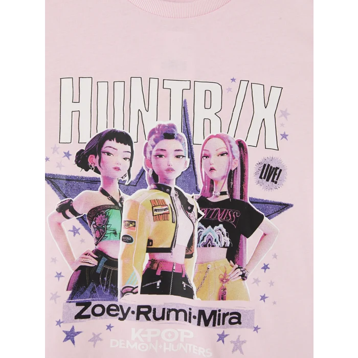 LCW Kids Pembe Bisiklet Yaka Huntrix Baskılı Kız Çocuk Tişört