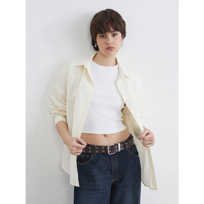 XSIDE Sarı Çizgili Oversize Poplin Kadın Gömlek