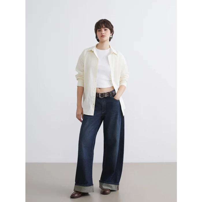 XSIDE Sarı Çizgili Oversize Poplin Kadın Gömlek