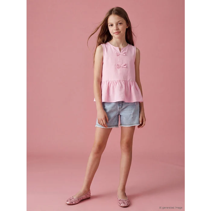 LCW Kids Mavi Yırtık Detaylı Kız Çocuk Jean Şort