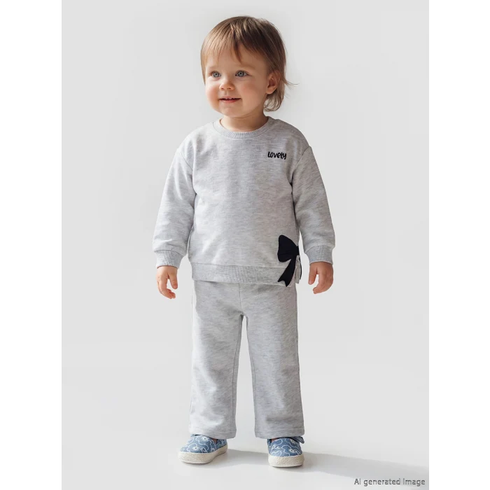 LCW baby Gri Fiyonk Detaylı Kız Bebek Sweatshirt ve Eşofman Altı