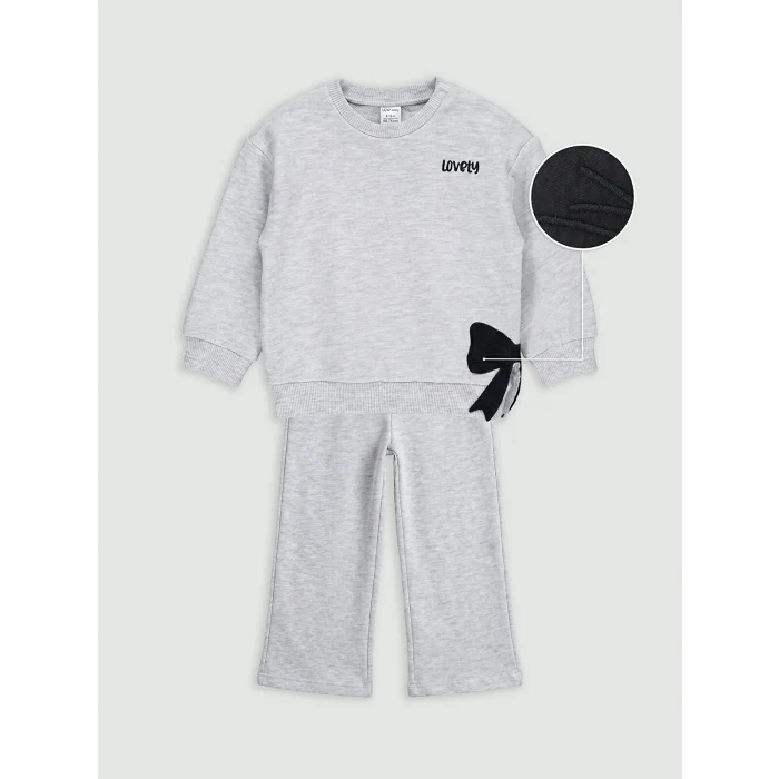LCW baby Gri Fiyonk Detaylı Kız Bebek Sweatshirt ve Eşofman Altı