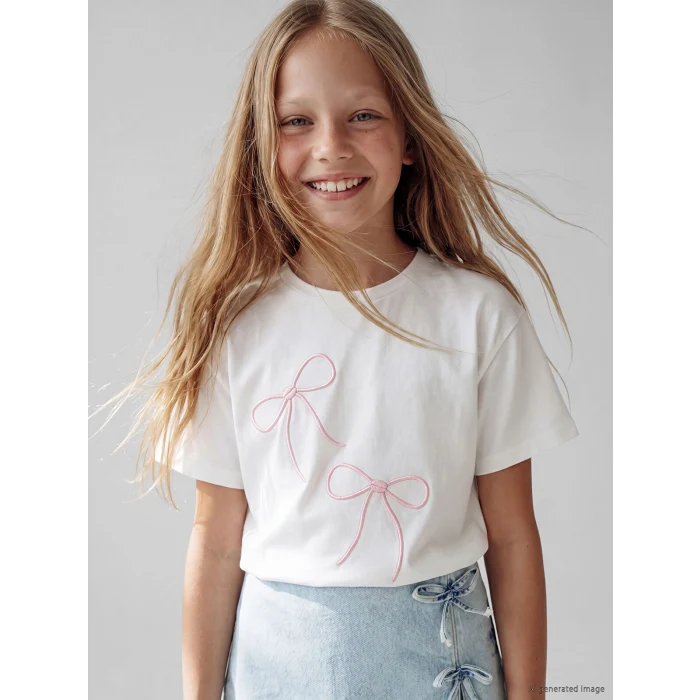 LCW Kids Beyaz Bisiklet Yaka Fiyonk Nakışlı Kız Çocuk Tişört