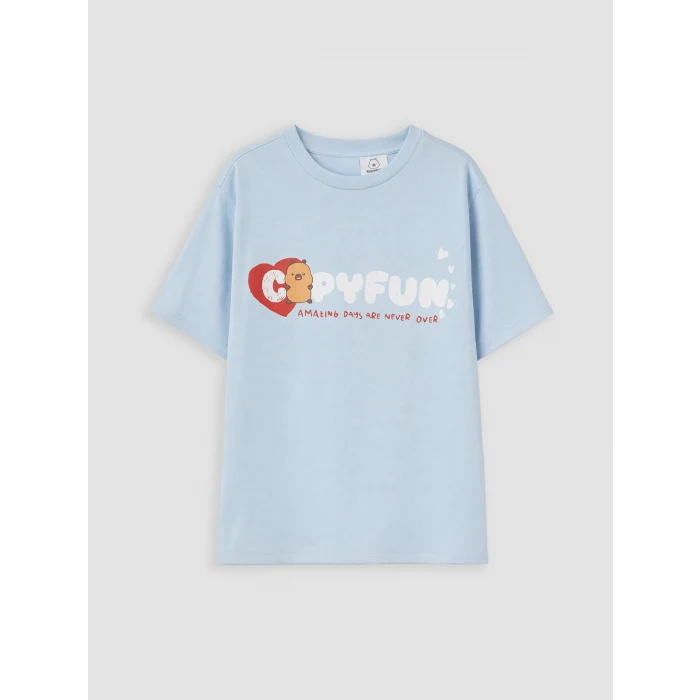 LCW Kids Mavi Bisiklet Yaka Capyfun Baskılı Kız Çocuk Tişört