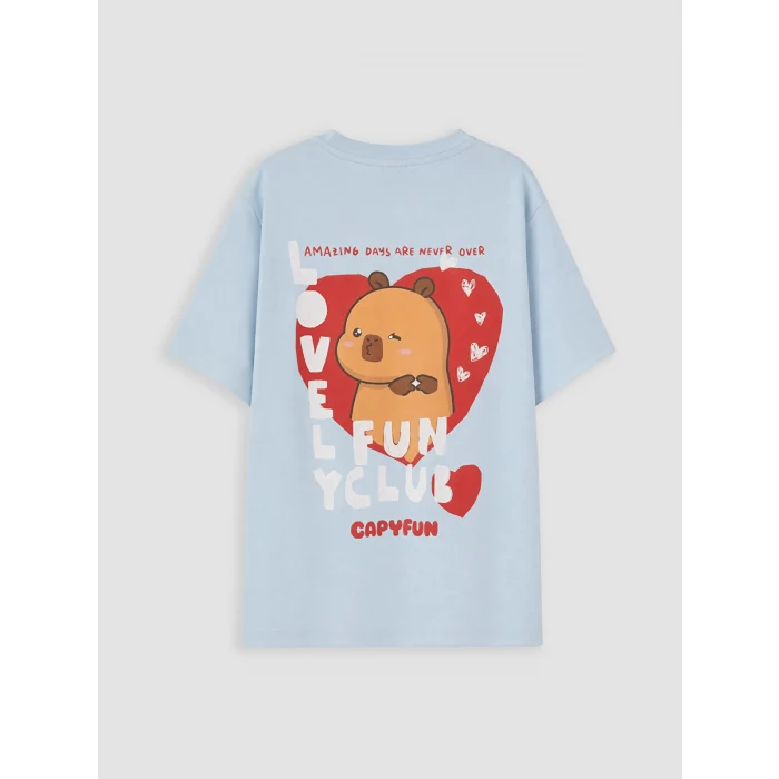 LCW Kids Mavi Bisiklet Yaka Capyfun Baskılı Kız Çocuk Tişört