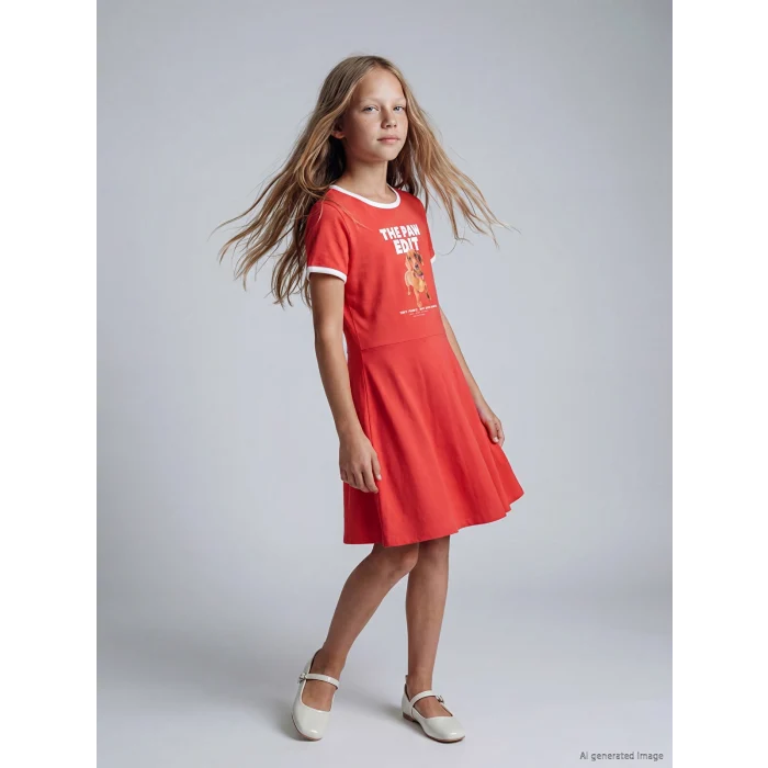 LCW Kids Kırmızı Bisiklet Yaka Baskılı Kız Çocuk Elbise