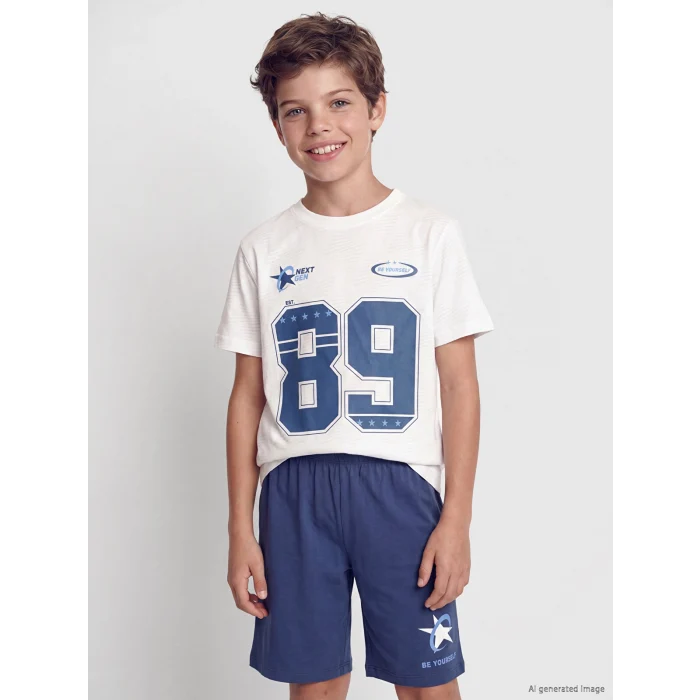 LCW Kids Beyaz Bisiklet Yaka Erkek Çocuk Şortlu Pijama Takımı