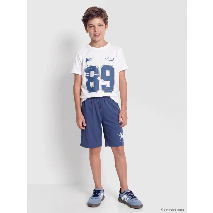 LCW Kids Beyaz Bisiklet Yaka Erkek Çocuk Şortlu Pijama Takımı