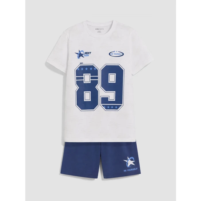 LCW Kids Beyaz Bisiklet Yaka Erkek Çocuk Şortlu Pijama Takımı